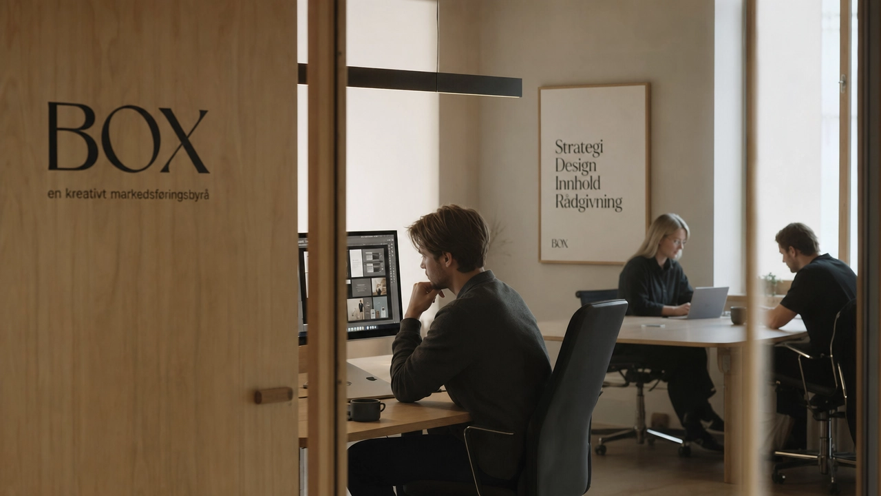Designer jobber med et sideoppsett på skjerm innenfor døren i Box sine lokaler.