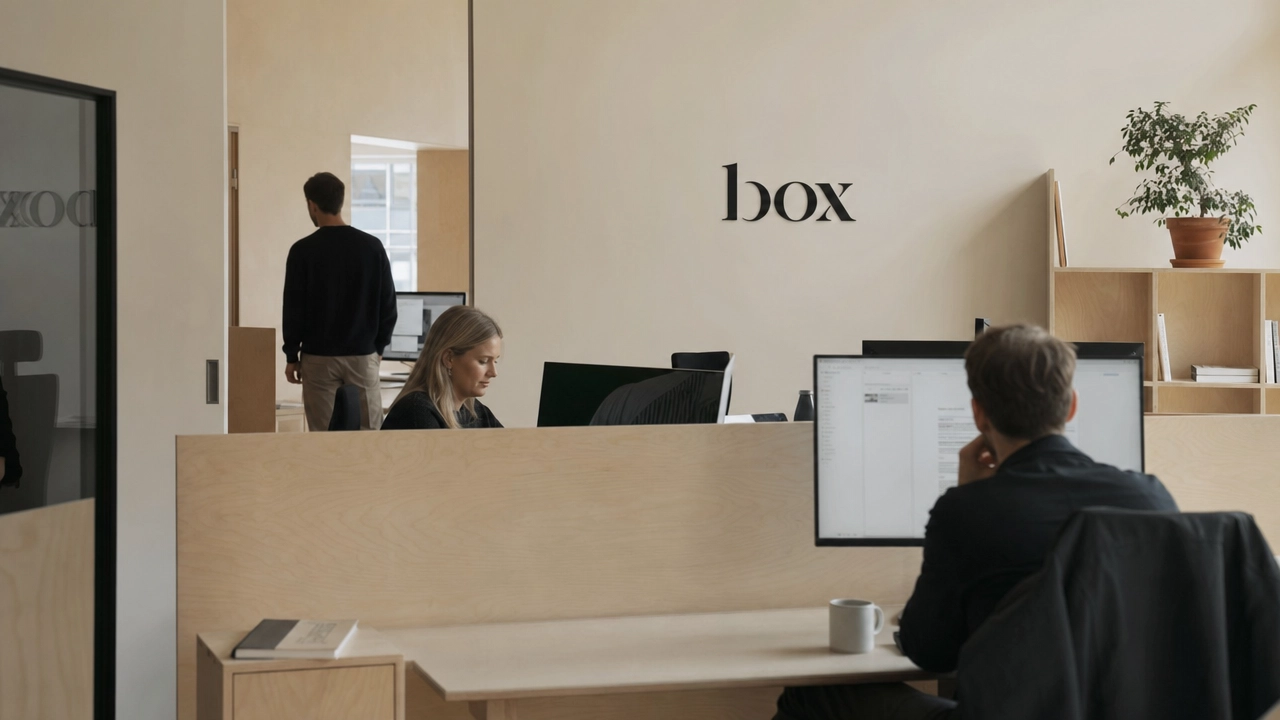 Åpent kontorlandskap hos Box med box-logoen på veggen og tre ansatte i arbeid.