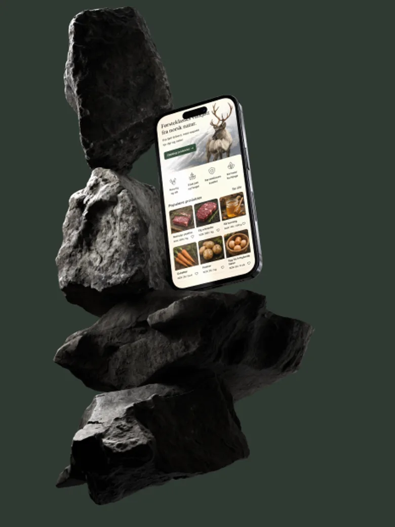 Nettbutikk på en telefon mellom steiner